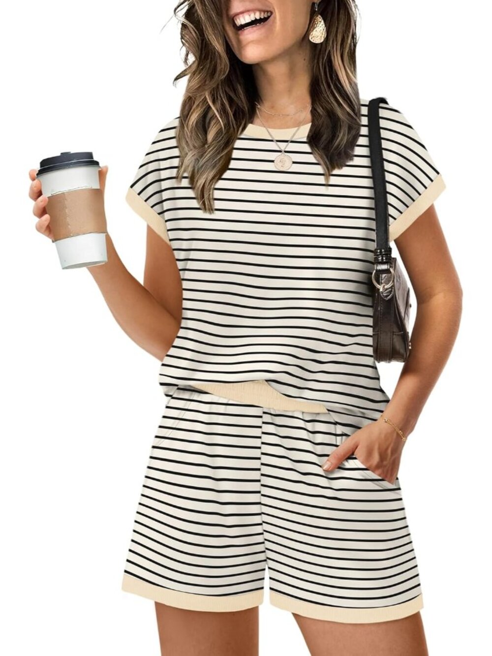 〽️Women's Outfit Beige Black Stripe Cap Sleeve Shirts and Shorts Lounge Set